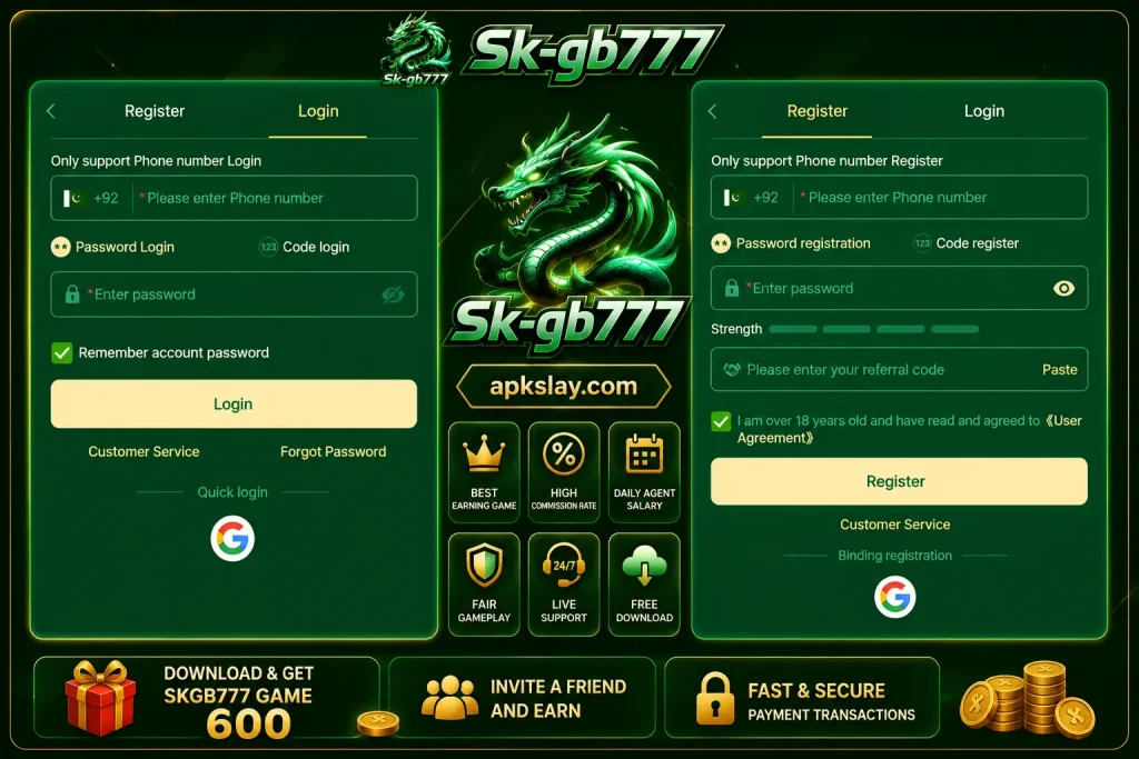 skgb777 game login and signup interface